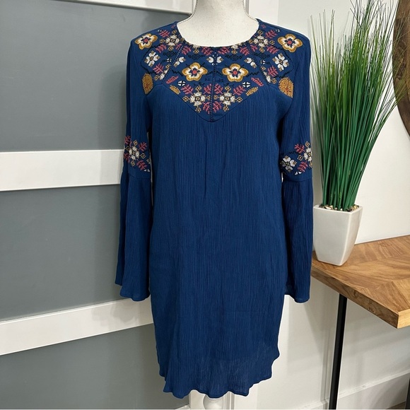 Blue Rain Crinkly Rayon Blend Dress Long Sleeves Embroidered Blue SZ Small Boho - Picture 1 of 9